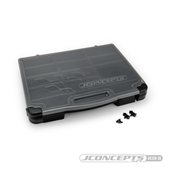 JConcepts parts box, black / smoke gray (~14.5 x 11 x 2.375)