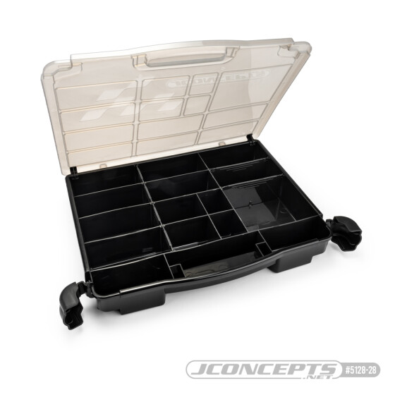 JConcepts parts box, black / smoke gray (~14.5 x 11 x 2.375)